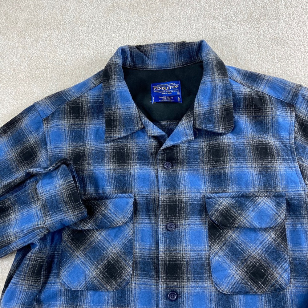 Pendleton Board Shirt Mens Large Blue Black Plaid Fitted Wool Button Up 1982